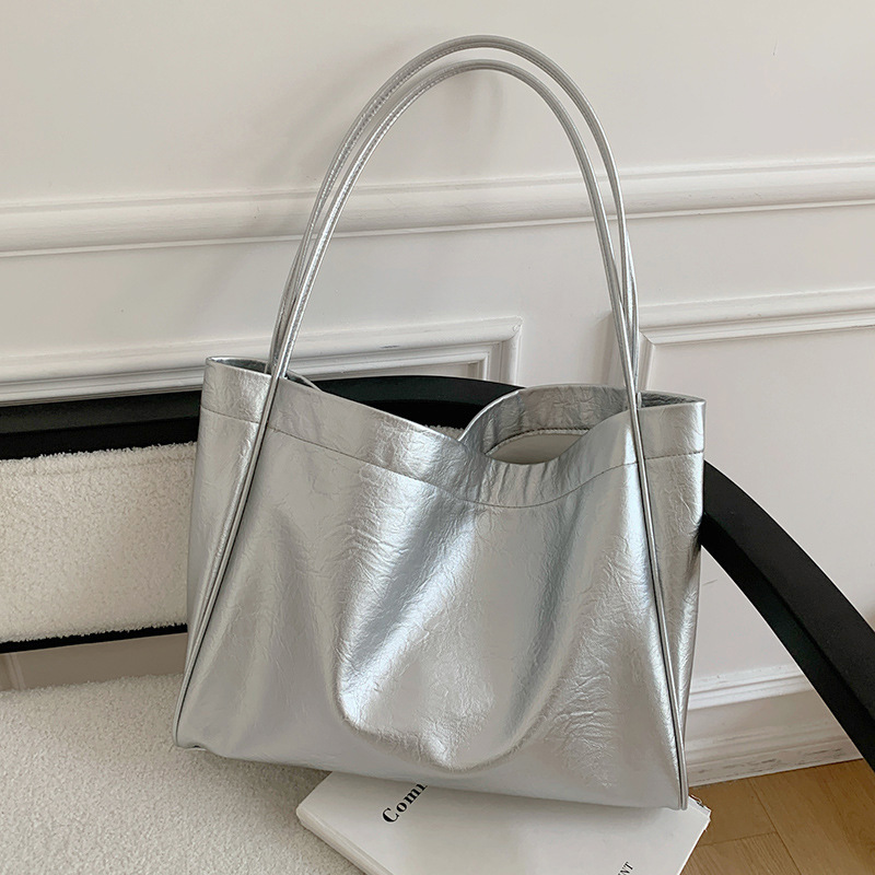 Women Bags On Sale - カジュアル大容量トートバッグ通勤デザイナー女性ショルダーバッグ高級ソフト Pu レザー女性財布とハンドバッグビッグシルバー