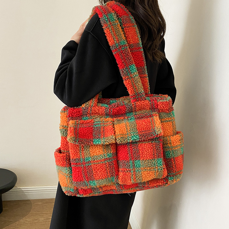 Women Bags Medium Size - ラムフリーストートバッグ女性用ショルダーバッグファッションチェック柄ハンドヘルドショッピングバッグ大容量脇の下バッグデザイナーバッグサック