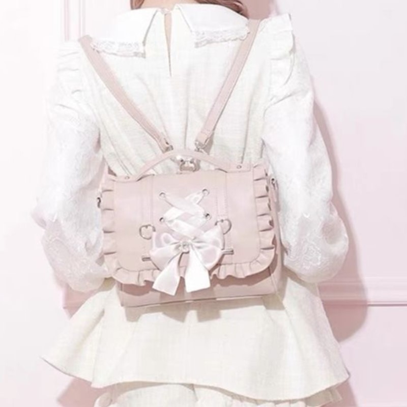 Women Bags Medium Size - 甘い弓ピンク Mochila 女性 Fairyocre 美的ハンドルレザークロスボディバッグレディースロリータ大容量スクエア Mochilas