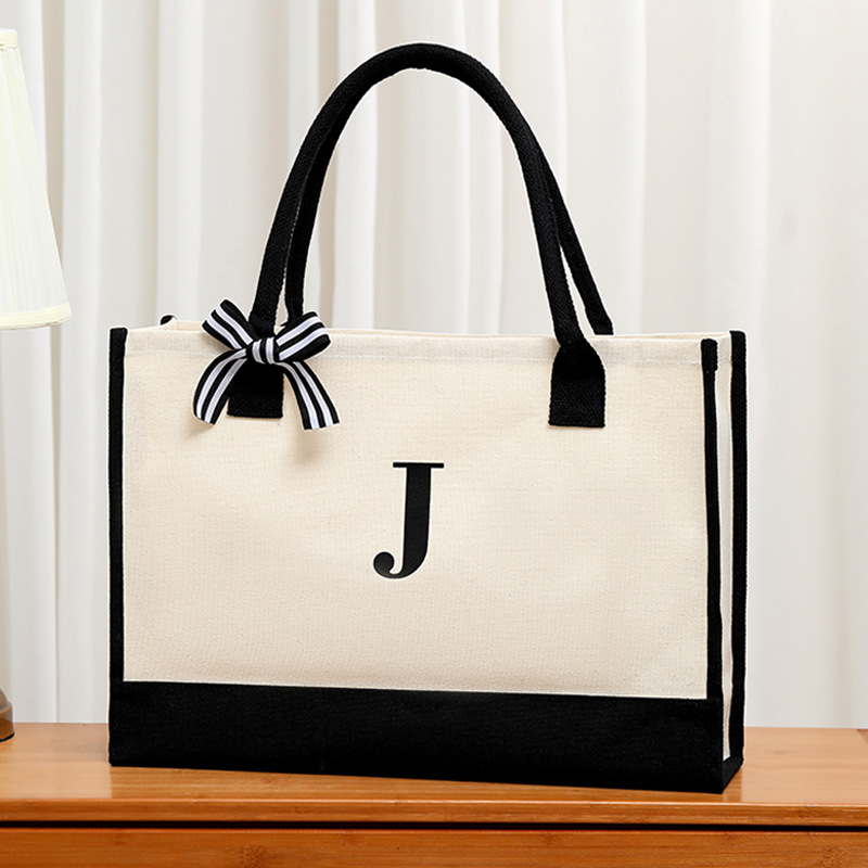 Women Bags Medium Size - シンプルなキャンバスレタートートバッグ女性のための大容量リボンギフトショッピングバッグ学生毎日の宿題収納バッグ