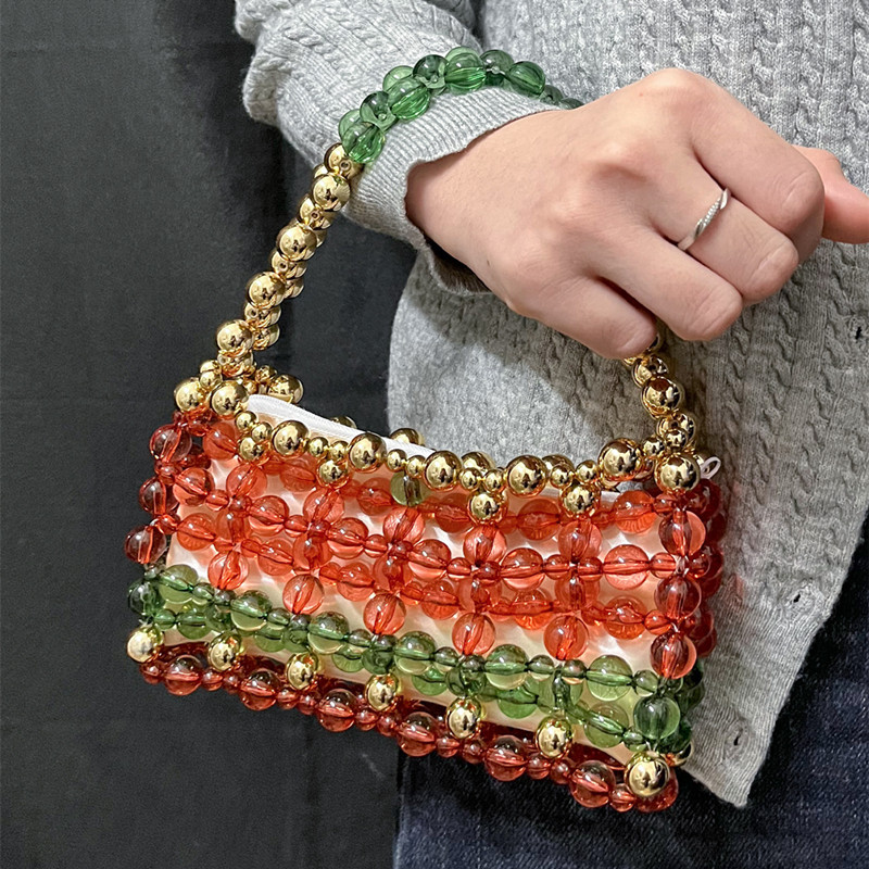 Women Bags High End Brands - ファッショナブルなレトロな手織りマルチカラービーズ女性のイブニングバッグブランドハイエンドパーティー織ハンドバッグ高級デザイナートートバッグ