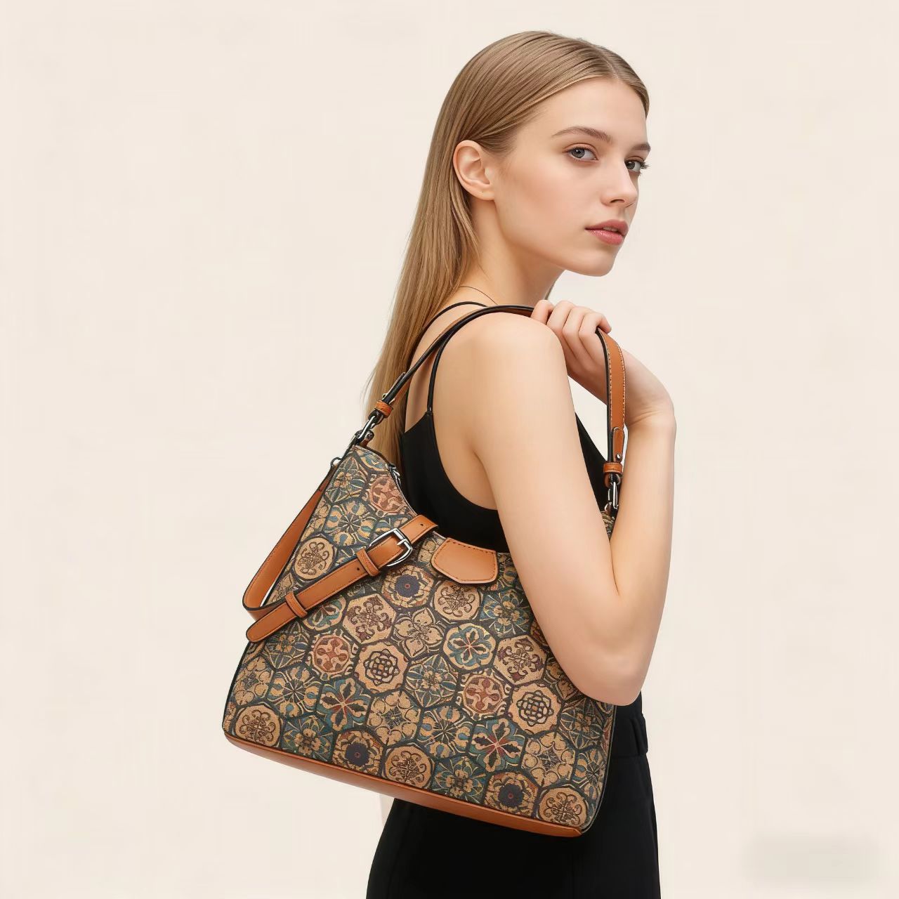 Women'S Kipling Bags - レトロ多元素プリントエスニックスタイルコルクハンドバッグシングルショルダー斜め掛けツリースキンバッグソフト木製素材文化融合