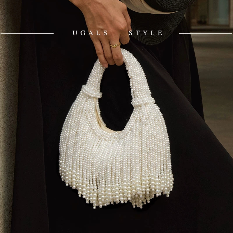 Women Bags On Sale - デザインハンドルパールイブニングクラッチバッグ、高級デザイナーロングタッセルクラッチパースバッグ