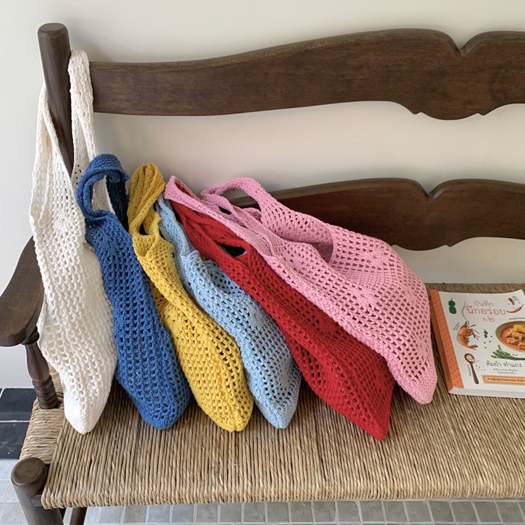 かぎ針編みバッグ手作り中空ニットショルダーバッグ夏のビーチメ - Women Bags Medium Size のレビューと価格