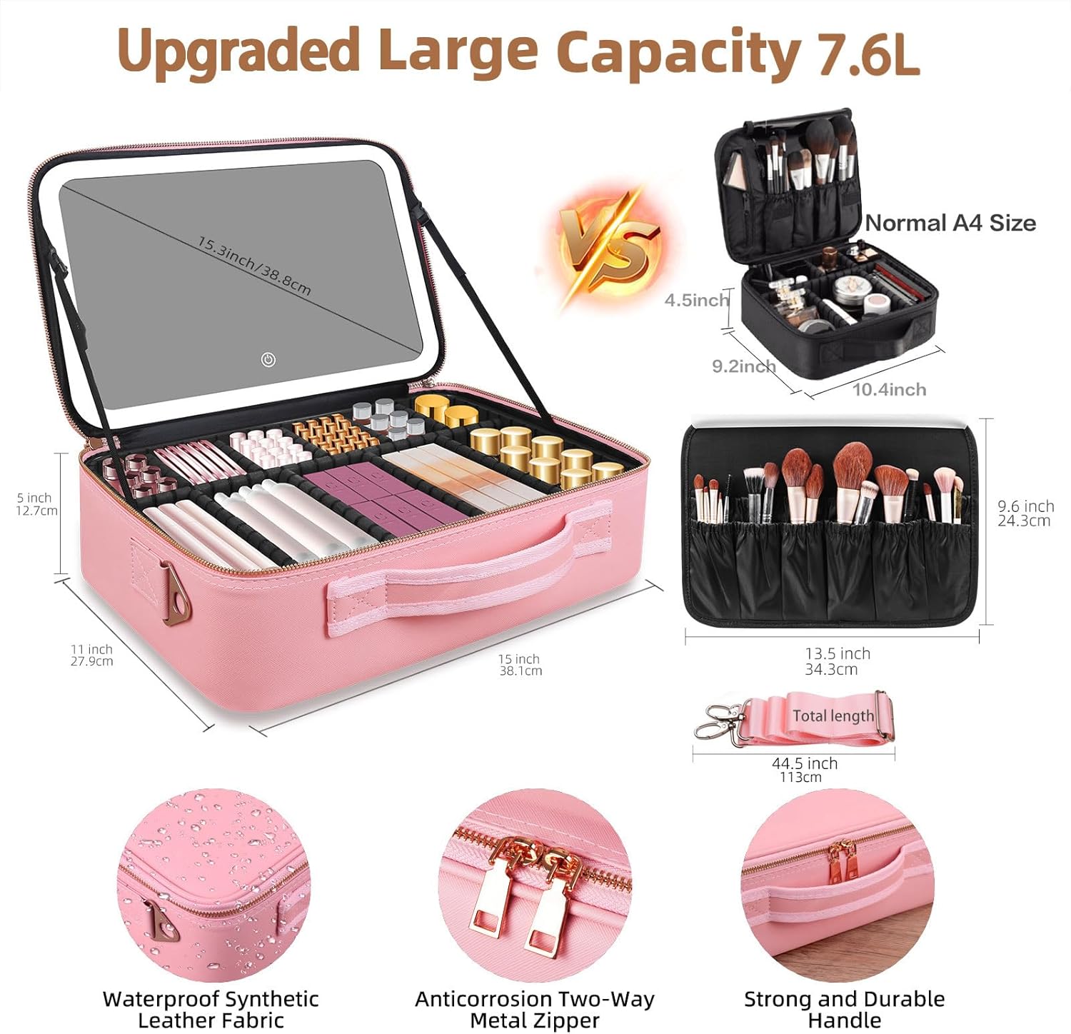 大容量メイクアップバッグ 15インチ×11インチ LEDミラ - Women Bags Medium Size のレビューと価格